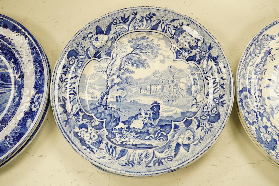 Six early 19th century blue and white transfer printed plates, including Spode, and three Wedgewood months blue and white plates, c.1900 largest 26cm in diameter. Condition - fair